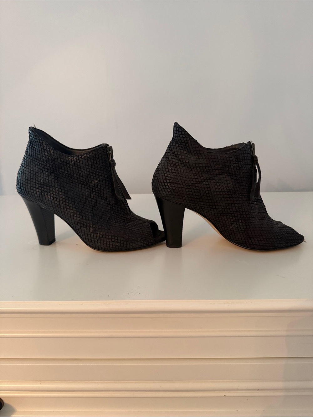 Paul Green Black Textured Peep-Toe Ankle Booties with Front Zips - Picture 2 of 4